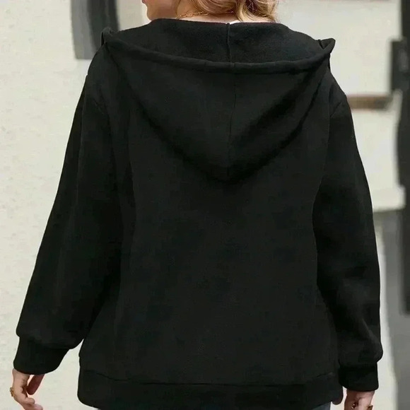 Casual Zip Up Drop Shoulder Drawstring Hooded Jacket Black - Picture 2 of 5